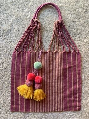 LUZ Canvas Tote Bag with Tasels-Pink/Mauve Stripe